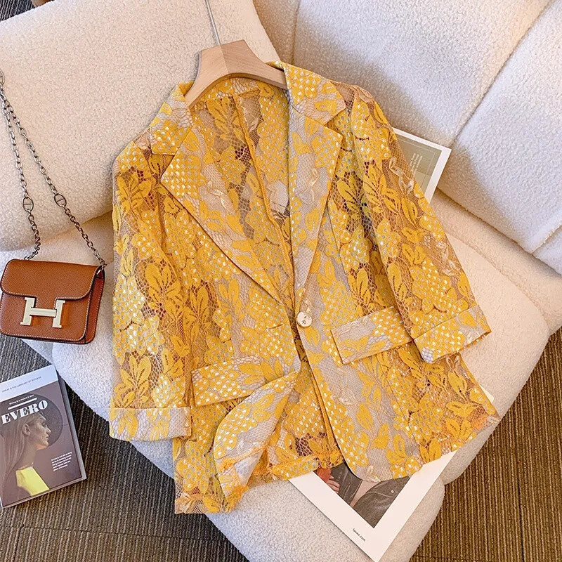 Moda de primăvară vară Nou 2024 Blazer pentru damă Costum cu imprimeu din dantelă Palton pentru dama, subțire, cu mâneci sferturi, versatilă, subțire, costum mic