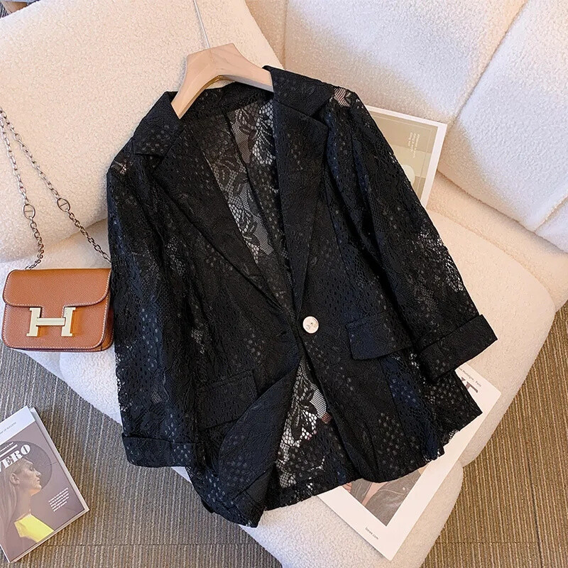 Moda de primăvară vară Nou 2024 Blazer pentru damă Costum cu imprimeu din dantelă Palton pentru dama, subțire, cu mâneci sferturi, versatilă, subțire, costum mic