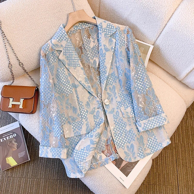 Moda de primăvară vară Nou 2024 Blazer pentru damă Costum cu imprimeu din dantelă Palton pentru dama, subțire, cu mâneci sferturi, versatilă, subțire, costum mic