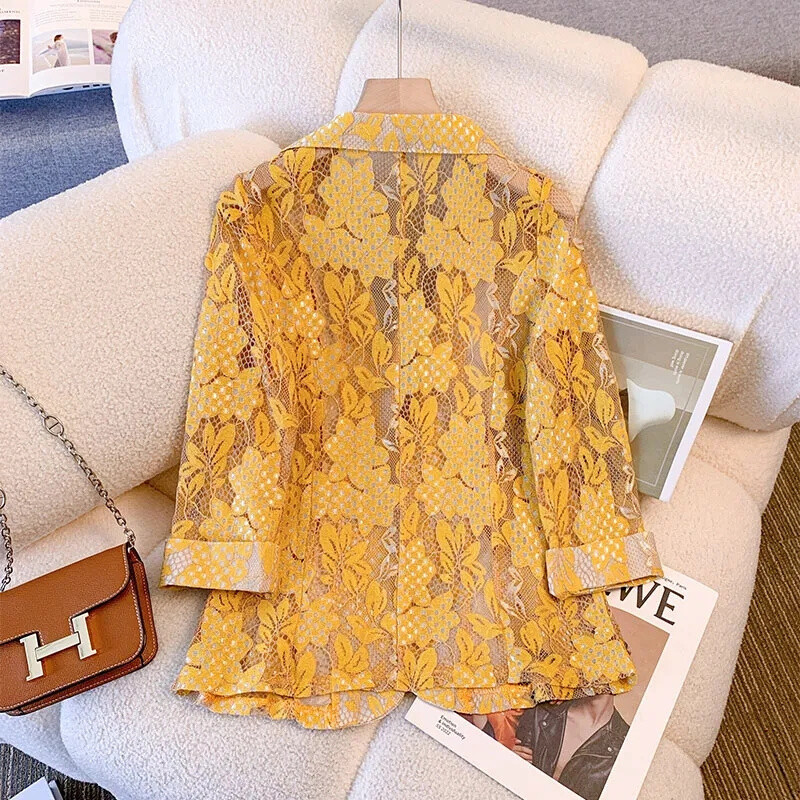 Moda de primăvară vară Nou 2024 Blazer pentru damă Costum cu imprimeu din dantelă Palton pentru dama, subțire, cu mâneci sferturi, versatilă, subțire, costum mic