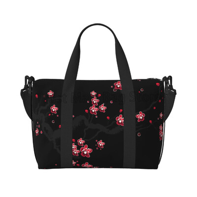 Geantă de călătorie neagră cu flori de cireș Sakura japonez Genți de noapte pentru femei Weekender Geantă de bagaje unisex ocazională impermeabilă