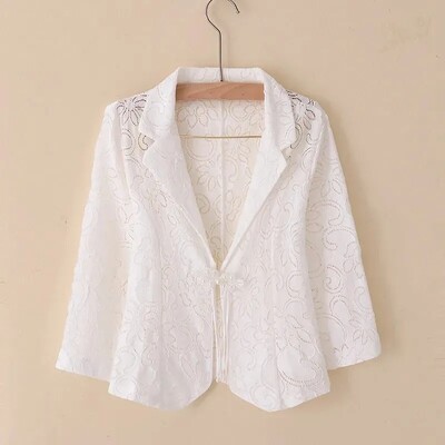 Дамско сако с блейзър Пролет Лято 2024 г. Нова тънка жилетка Слънцезащитно облекло Куха дантела Костюм с три четвърти ръкав Топ дамски