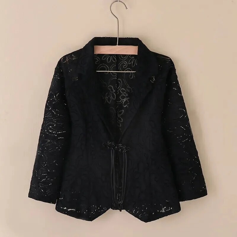 Jachetă Blazer Femei Primăvara Vară 2024 Nou Cardigan subțire Îmbrăcăminte de protecție solară Dantela goală Costum cu mâneci trei sferturi Top Doamne