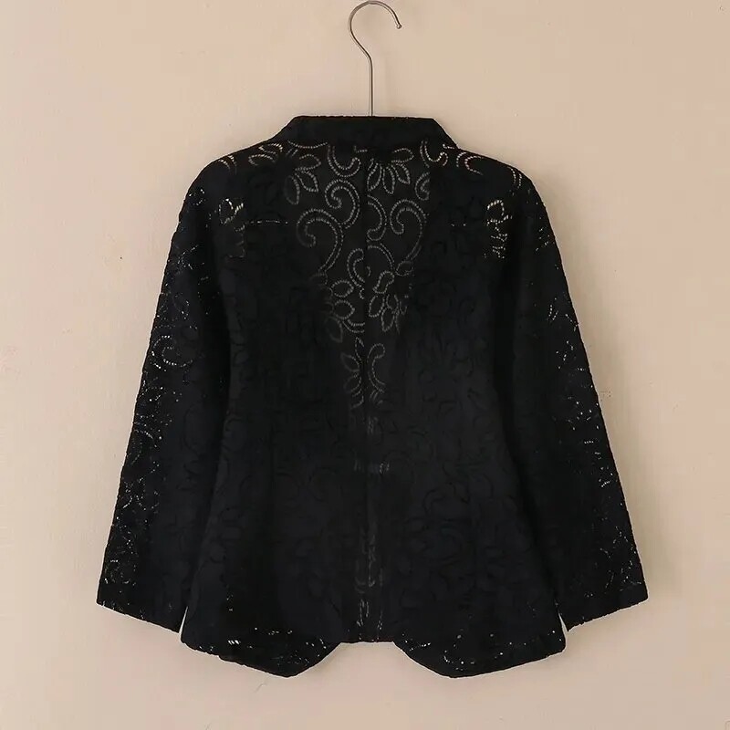 Jachetă Blazer Femei Primăvara Vară 2024 Nou Cardigan subțire Îmbrăcăminte de protecție solară Dantela goală Costum cu mâneci trei sferturi Top Doamne