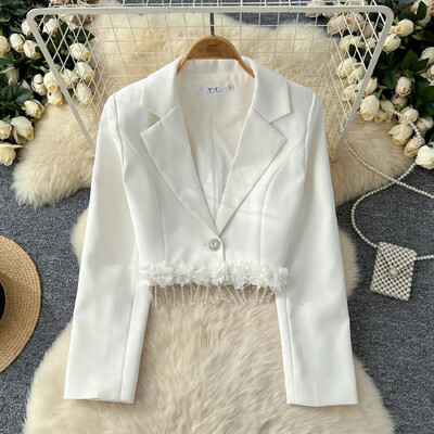 Chic cu crestătură, de bază, cu mânecă lungă, elegant, 3D, cu mărgele florale, cu ciucuri, haină subțire.