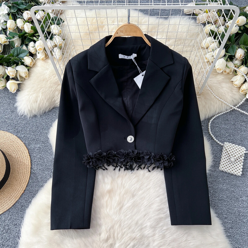 Chic cu crestătură, de bază, cu mânecă lungă, elegant, 3D, cu mărgele florale, cu ciucuri, haină subțire.