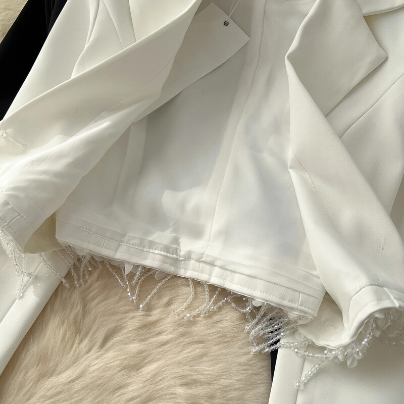 Chic cu crestătură, de bază, cu mânecă lungă, elegant, 3D, cu mărgele florale, cu ciucuri, haină subțire.