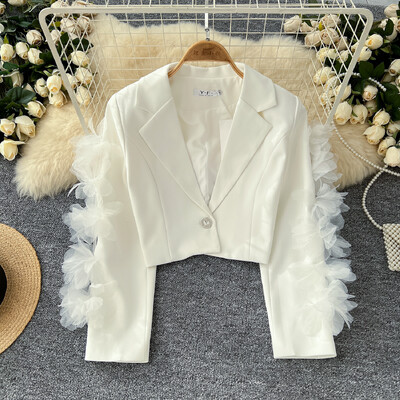 Șic cu crestătură Elemente de bază cu mânecă lungă, elegant, tridimensional, floral, subțire, îmbrăcăminte de stradă franceză, top de toamnă iarnă