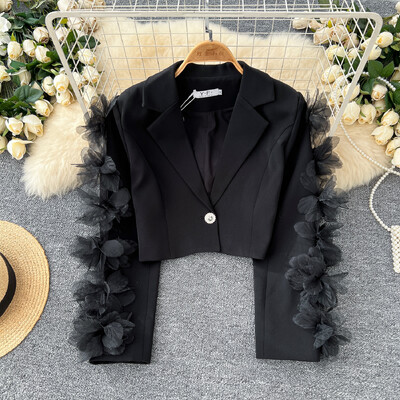 Șic cu crestătură Elemente de bază cu mânecă lungă, elegant, tridimensional, floral, subțire, îmbrăcăminte de stradă franceză, top de toamnă iarnă