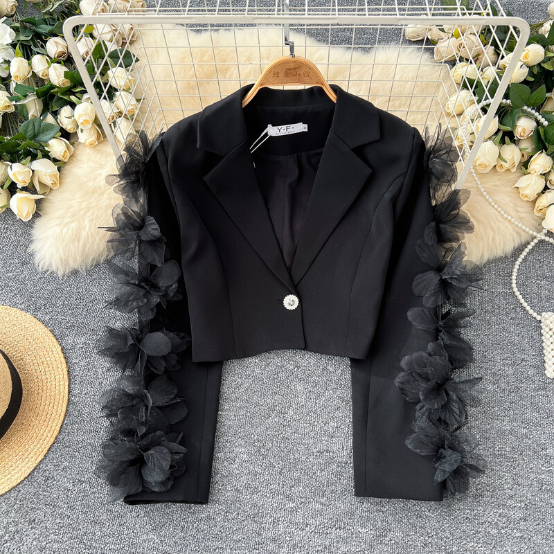 Șic cu crestătură Elemente de bază cu mânecă lungă, elegant, tridimensional, floral, subțire, îmbrăcăminte de stradă franceză, top de toamnă iarnă