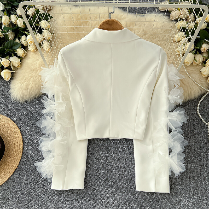 Șic cu crestătură Elemente de bază cu mânecă lungă, elegant, tridimensional, floral, subțire, îmbrăcăminte de stradă franceză, top de toamnă iarnă