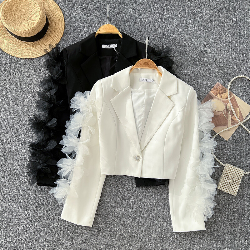 Șic cu crestătură Elemente de bază cu mânecă lungă, elegant, tridimensional, floral, subțire, îmbrăcăminte de stradă franceză, top de toamnă iarnă