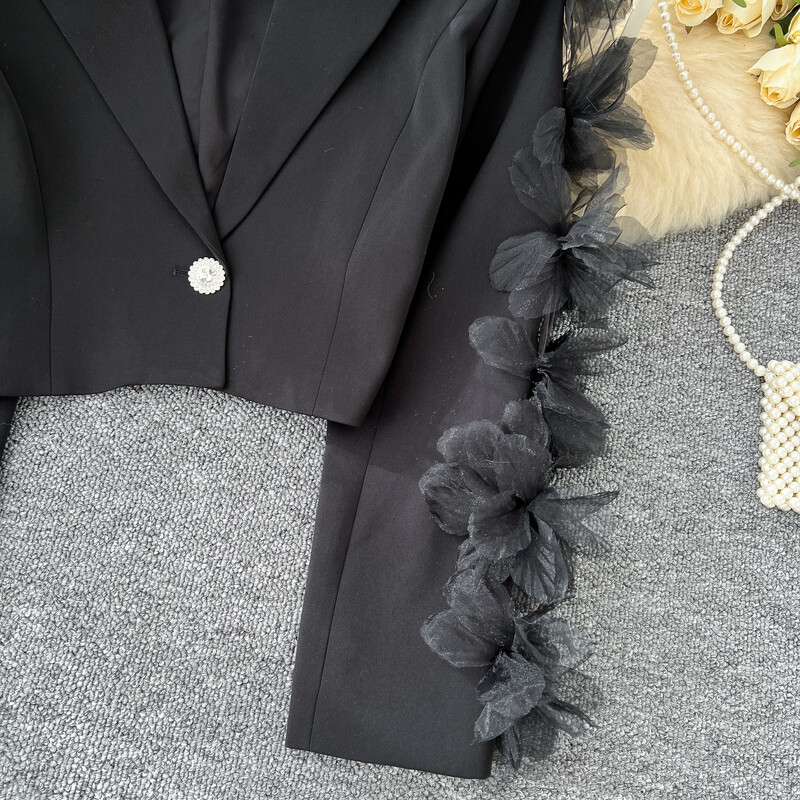 Șic cu crestătură Elemente de bază cu mânecă lungă, elegant, tridimensional, floral, subțire, îmbrăcăminte de stradă franceză, top de toamnă iarnă