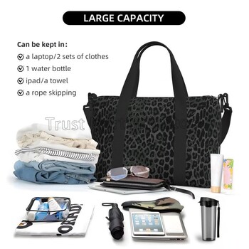 Μαύρη Leopard Print Ταξιδιωτική Τσάντα Duffel Μεγάλες αδιάβροχες τσάντες Weekender Overnight με Πτυσσόμενο Αθλητικό Γυμναστήριο με ιμάντα ώμου