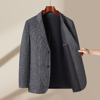 [Toamnă și iarnă] Costum simplu business casual pentru bărbați, cu dungi elastice tricotate și un rând de lână, cu buzunare cu doi nasturi