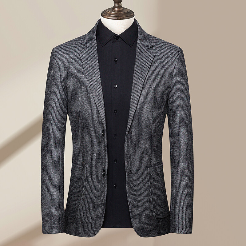 [Toamnă și iarnă] Costum simplu business casual pentru bărbați, cu dungi elastice tricotate și un rând de lână, cu buzunare cu doi nasturi