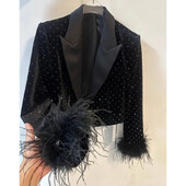 Strasuri grele Jachetă de costum scurtă neagră Moda pentru femei Mâneci cu pene Topuri Jachete 2025 Primăvara Toamnă Blazer nou îmbrăcăminte