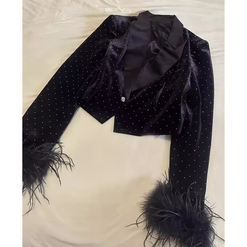 Strasuri grele Jachetă de costum scurtă neagră Moda pentru femei Mâneci cu pene Topuri Jachete 2025 Primăvara Toamnă Blazer nou îmbrăcăminte