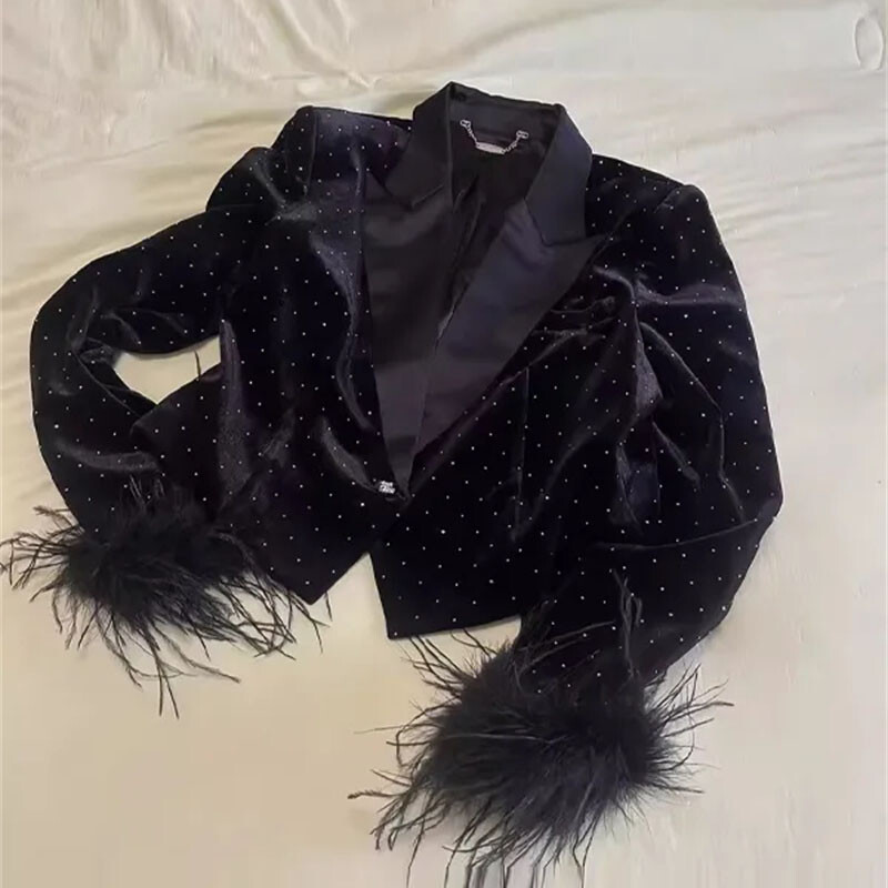 Strasuri grele Jachetă de costum scurtă neagră Moda pentru femei Mâneci cu pene Topuri Jachete 2025 Primăvara Toamnă Blazer nou îmbrăcăminte