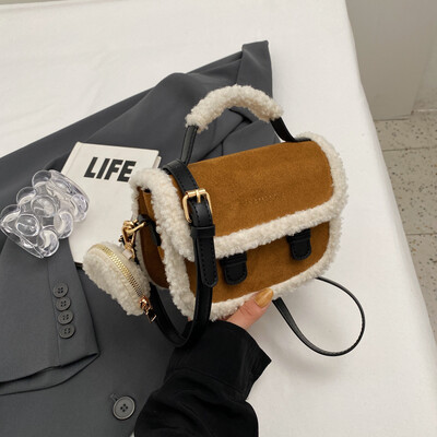 Iarna 2023, geantă pătrată mică de pluș pentru femei, cu design contrastant, cu un singur umăr, geantă de mână maro