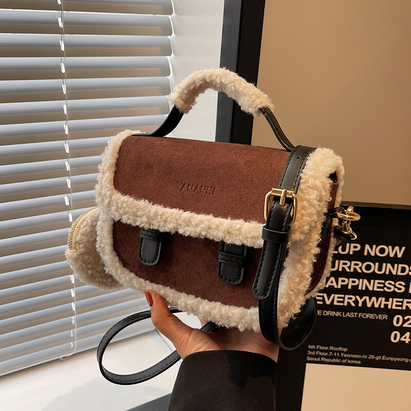 Iarna 2023, geantă pătrată mică de pluș pentru femei, cu design contrastant, cu un singur umăr, geantă de mână maro