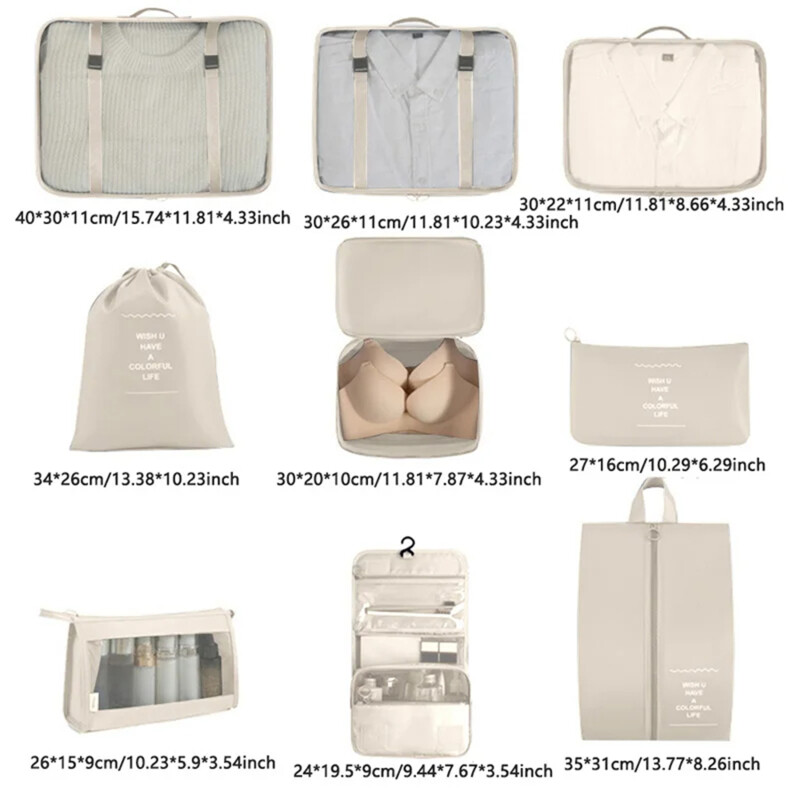 9 bucăți saci de depozitare cu organizator de călătorie pentru valiză cuburi de ambalare dulap portabil pliabil pentru bagaje haine husă de pantofi cu geantă de machiaj