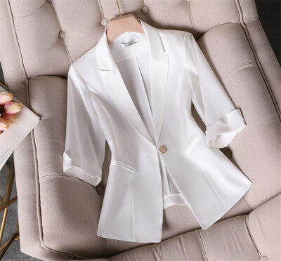 Etiķskābes elastīgais satīna plāns viduklis Daudzpusīgs sieviešu uzvalks vasaras jaka Slim Fit Profesionāls žakete ar trīs ceturtdaļām piedurknēm