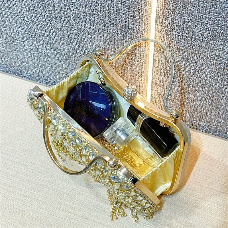 Poșetă de seară cu stras de argint pentru femei, geantă de umăr cu ciucuri strălucitoare, geantă de mână, poșetă de petrecere, genți de seară elegante de lux de aur