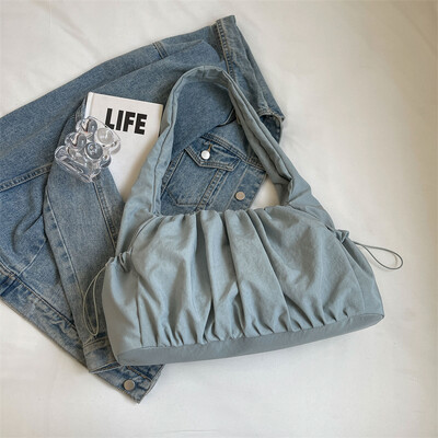 Genți de umăr cu design plisat pentru femei, țesătură din nailon, culoare pură, tote pentru cumpărători de mare capacitate, geantă casual Street Hobo, geantă de mână cu marcă 2024