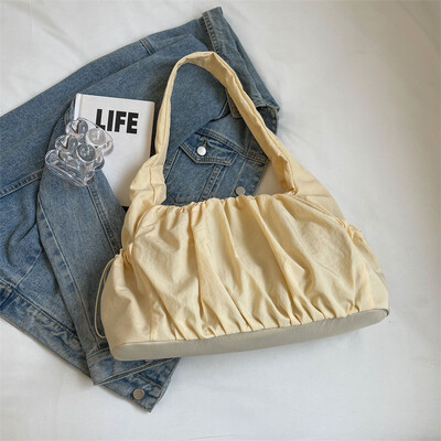 Genți de umăr cu design plisat pentru femei, țesătură din nailon, culoare pură, tote pentru cumpărători de mare capacitate, geantă casual Street Hobo, geantă de mână cu marcă 2024