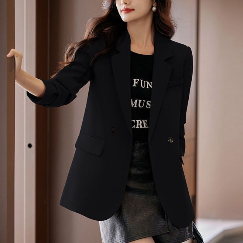 Sieviešu korejiešu stila bleizeri ar garām piedurknēm Sieviešu biroja apģērbi Vispārpiemērots, minimālistisks, ar vienu pogu, modes ikdienišķs robains