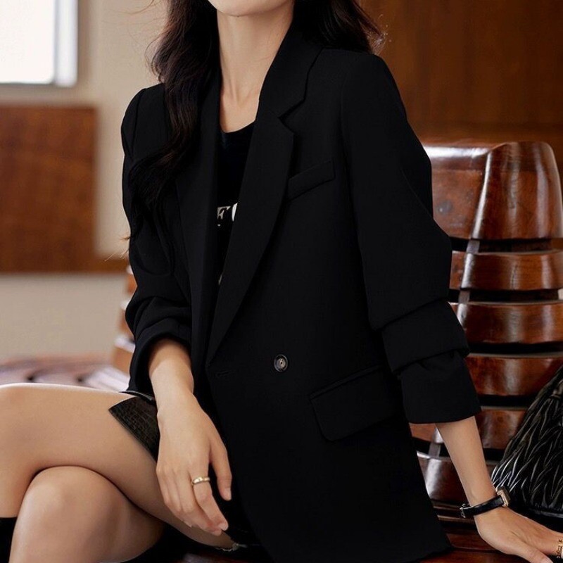 Sieviešu korejiešu stila bleizeri ar garām piedurknēm Sieviešu biroja apģērbi Vispārpiemērots, minimālistisks, ar vienu pogu, modes ikdienišķs robains