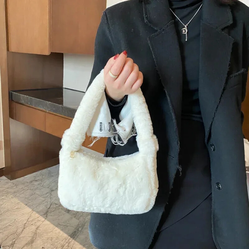 Genți de umăr de pluș pentru femei Designer de lux Moale de iarnă Poșetă de mână Poșetă de mână drăguță Geantă de subrat de petrecere pentru femei