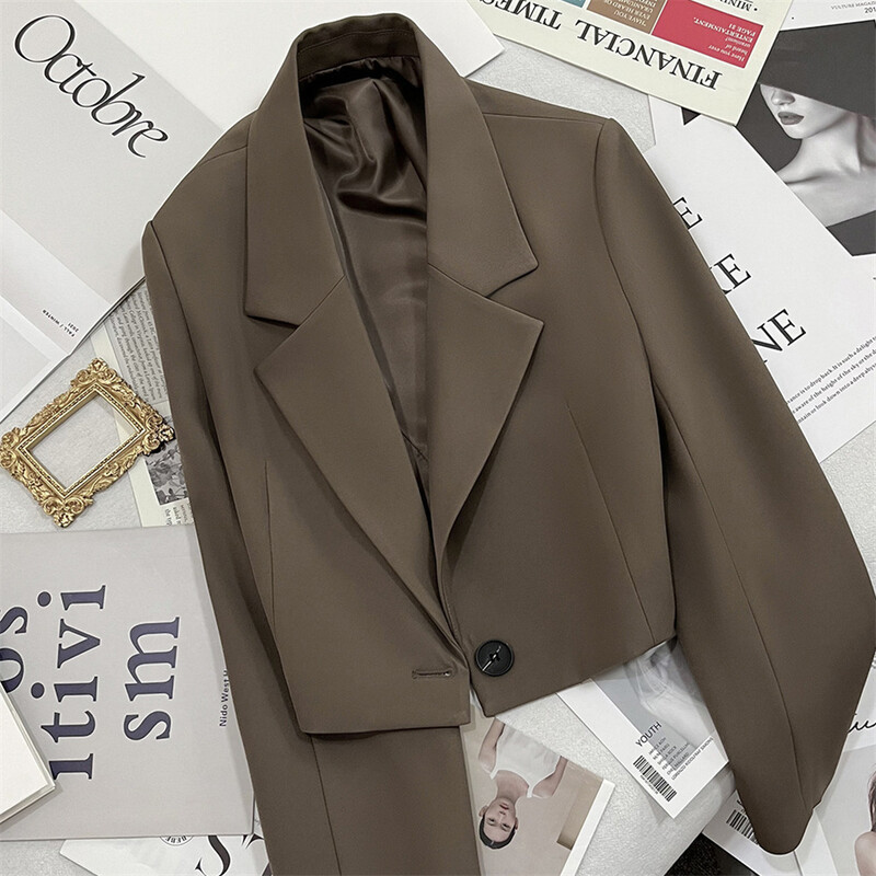 Korejas modes 2023. gada vasaras ar vienu pogu apgriezta žakete Sieviešu īsa žakete Biroja jaka sievietēm ikdienas melna bēša žakete