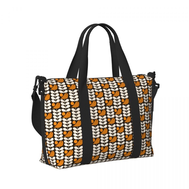 Geantă de tote personalizată, mare, cu mai multe tulpini, cu păsări, negru, alb, portocaliu, pentru femei, Orla Kiely Scandi, pentru cumpărături, geantă de călătorie pentru plajă.