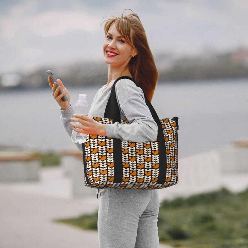 Geantă de tote personalizată, mare, cu mai multe tulpini, cu păsări, negru, alb, portocaliu, pentru femei, Orla Kiely Scandi, pentru cumpărături, geantă de călătorie pentru plajă.