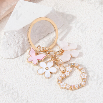 Heart Flowers Pretty Butterfly Emal Keychain Plant Flying Insect Key Ring for Women Girl Friendship δώρο Χειροποίητο σετ κοσμημάτων