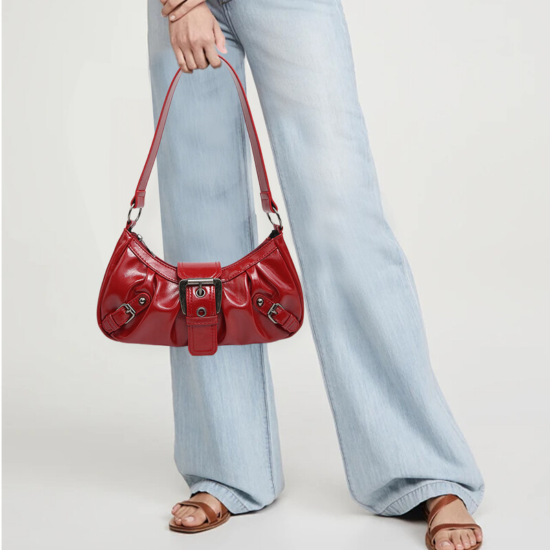 Ženska plisirana skitnica crvena torba na rame za žene PU kožna ručna torbica torbica Y2K torba za djevojčice Chic putna torba