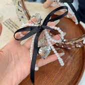 Y2K salda režģa lente Bowknot pērļu soma kulons atslēgu piekariņš šarms sirds pērlītēm atslēgu piekariņš Elegants atslēgu piekariņš Tālruņa atslēgu somu iekari