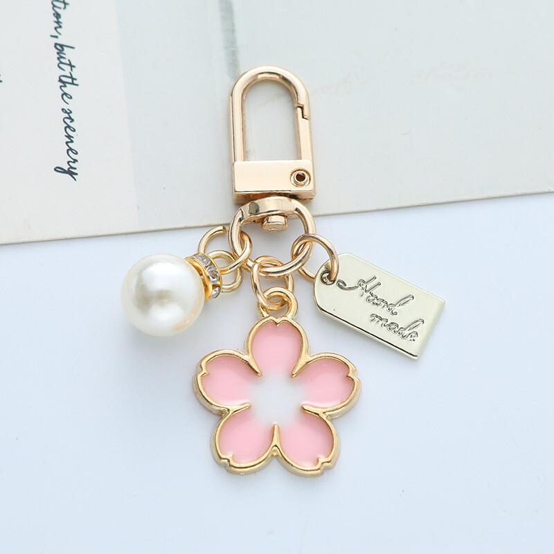 Sweet Cherry Blossoms Pearl Keychain Sieviešu Meiteņu Mode Jauki Zelta Krāsa Atslēgu sprādzes Austiņu kastīte Rokassomiņas Atslēgu dekorēšana Dāvana