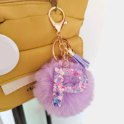 Breloc inițial adorabil cu sclipici pandantiv cu alfabet din rășină strălucitoare cu breloc cu litere pufoase pentru fete Genți Rucsacuri Accesorii