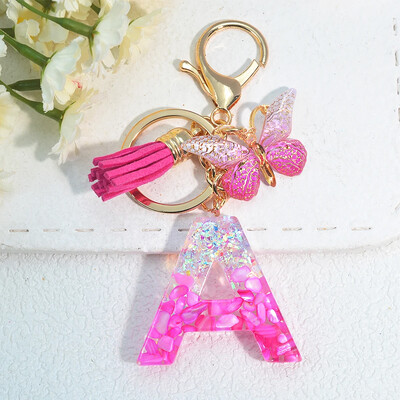 Градиентни розови инициали Писмо Ключодържател Име Талисмани Ключодържател от смола С пискюл Пеперуда Направи си сам Дамска чанта Орнаменти Парти подаръци