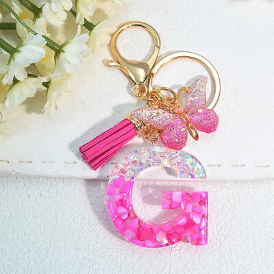 Градиентни розови инициали Писмо Ключодържател Име Талисмани Ключодържател от смола С пискюл Пеперуда Направи си сам Дамска чанта Орнаменти Парти подаръци