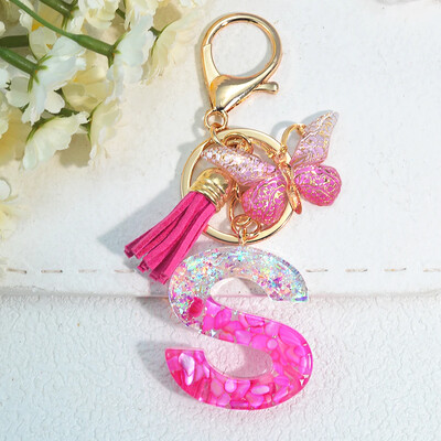 Градиентни розови инициали Писмо Ключодържател Име Талисмани Ключодържател от смола С пискюл Пеперуда Направи си сам Дамска чанта Орнаменти Парти подаръци