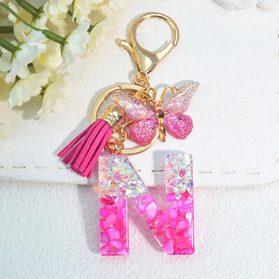 Градиентни розови инициали Писмо Ключодържател Име Талисмани Ключодържател от смола С пискюл Пеперуда Направи си сам Дамска чанта Орнаменти Парти подаръци