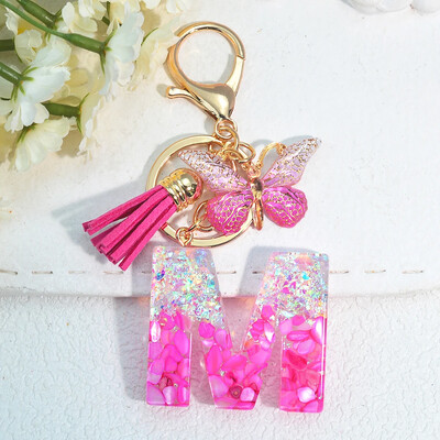 Градиентни розови инициали Писмо Ключодържател Име Талисмани Ключодържател от смола С пискюл Пеперуда Направи си сам Дамска чанта Орнаменти Парти подаръци