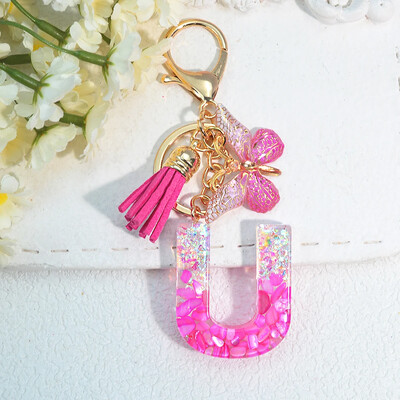 Градиентни розови инициали Писмо Ключодържател Име Талисмани Ключодържател от смола С пискюл Пеперуда Направи си сам Дамска чанта Орнаменти Парти подаръци