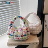 Geantă puffer pentru femei, cu imprimeu cu fundiță, mini geantă pliată, la modă, cu bule, cu fermoar, geantă hobo, ghiozdan pentru încheietura mâinii
