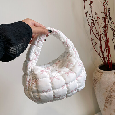 Geantă puffer pentru femei, cu imprimeu cu fundiță, mini geantă pliată, la modă, cu bule, cu fermoar, geantă hobo, ghiozdan pentru încheietura mâinii