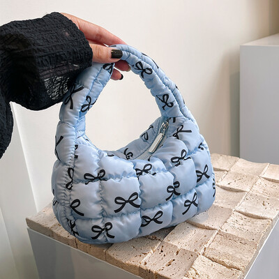 Geantă puffer pentru femei, cu imprimeu cu fundiță, mini geantă pliată, la modă, cu bule, cu fermoar, geantă hobo, ghiozdan pentru încheietura mâinii